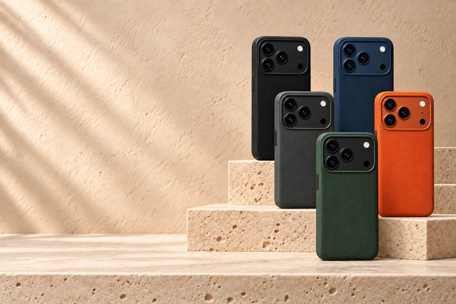 Black, dark grey, blue, orange and green VEYRA cases on travertine steps