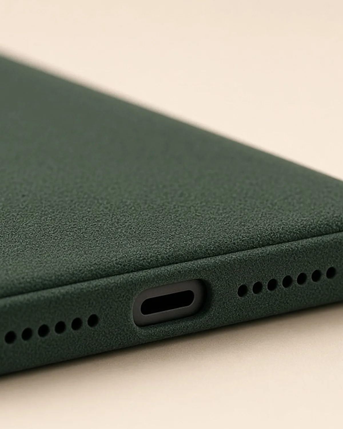 Bottom edge of the green case with the open port